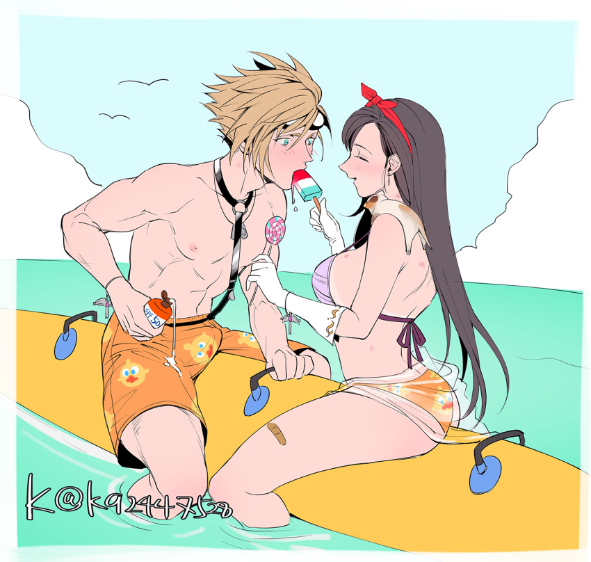 1boy 1girl bandaid bandaid_on_leg bikini black_hair blonde_hair blue_eyes blush breasts bulge candy cat cloud cloud_strife couple earrings eating erection erection_under_clothes final_fantasy final_fantasy_vii final_fantasy_vii_remake food goggles goggles_on_head hairband hickey highres ice_cream jewelry large_breasts long_hair mugikoma ocean open_mouth outdoors red_hairband sitting spiked_hair swimsuit tifa_lockhart