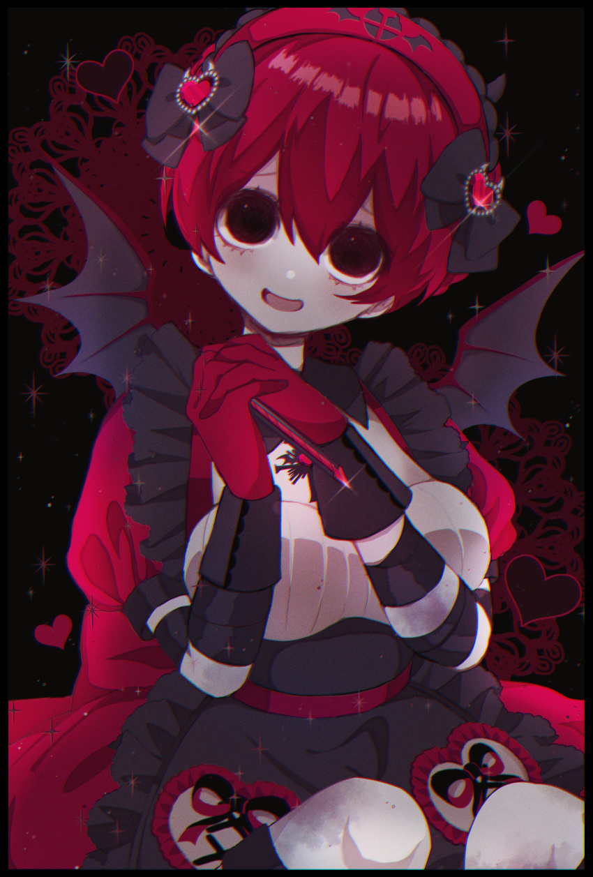1girl absurdres apron bangs bat_wings black_apron black_eyes blush bow boxcutter bruise demon_wings detached_collar dress empty_eyes frills gloves hair_bow hair_ornament headband heart heart_hair_ornament highres injury knees_up lace long_sleeves looking_at_viewer open_mouth original own_hands_clasped own_hands_together patch puffy_short_sleeves puffy_sleeves red_dress red_hair sadf8353 short_hair short_sleeves smile solo sparkle striped_sleeves wings