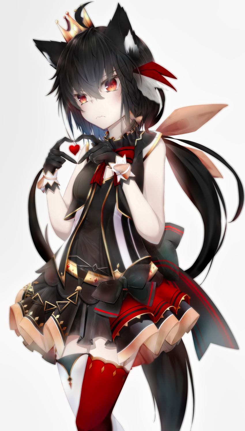 1girl absurdres animal_ears bangs black_hair blush bow braid crown eyebrows_visible_through_hair fox_ears fox_girl fox_tail hair_between_eyes hair_bow heart heart_hands highres hololive hololive_idol_uniform kurokami_fubuki long_hair looking_at_viewer mini_crown red_eyes sidelocks simple_background single_braid solo symbol-only_commentary tail tsukimiya_(tsukinami15) twintails virtual_youtuber wavy_mouth white_background yellow_bow