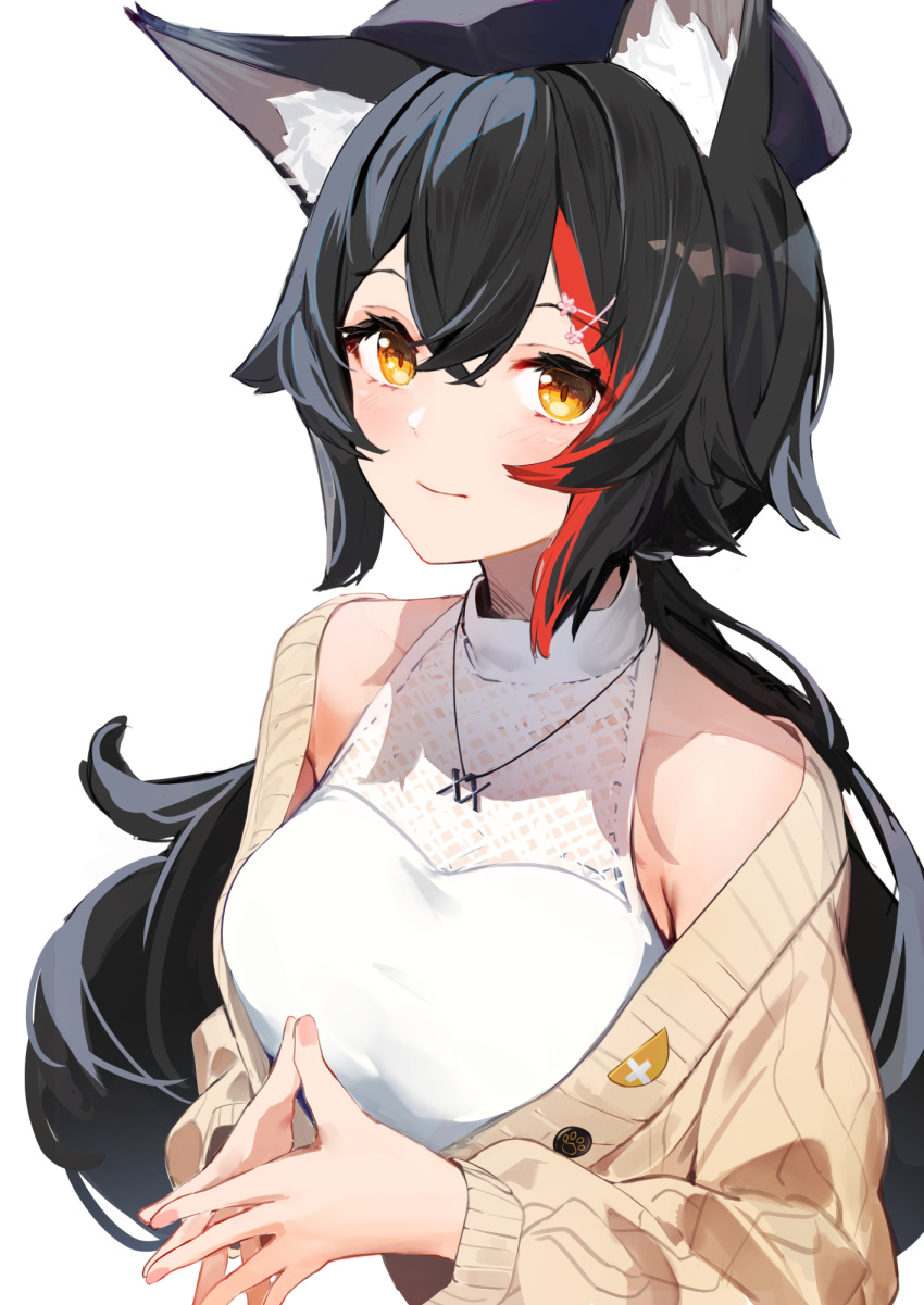 1girl animal_ears armpit_peek bangs black_hair black_headwear cardigan covered_collarbone hair_between_eyes hair_ornament hat highres hololive isaya_(pixiv4541633) jewelry light_blush light_smile long_hair looking_at_viewer multicolored_hair necklace ookami_mio red_hair shirt simple_background sleeveless sleeveless_shirt slit_pupils solo steepled_fingers two-tone_hair upper_body white_background white_shirt wolf_ears x_hair_ornament yellow_eyes