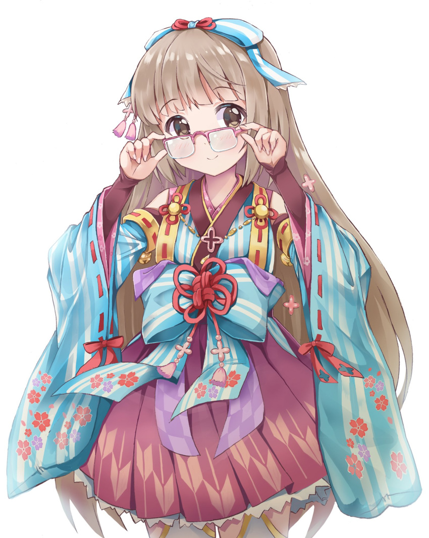 1girl adjusting_eyewear bespectacled blush bow brown_eyes brown_hair detached_sleeves glasses hair_bow highres idolmaster idolmaster_cinderella_girls japanese_clothes kimono long_sleeves lpfv_yuzu_mikan simple_background smile solo thighhighs white_background yorita_yoshino