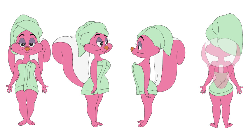 anthro bimbette character_collage female fur hair mammal mephitid multiple_poses pink_body pink_fur pose raised_tail short_stack simple_background skunk solo subarashi towel towel_only towel_wrap wolf75859