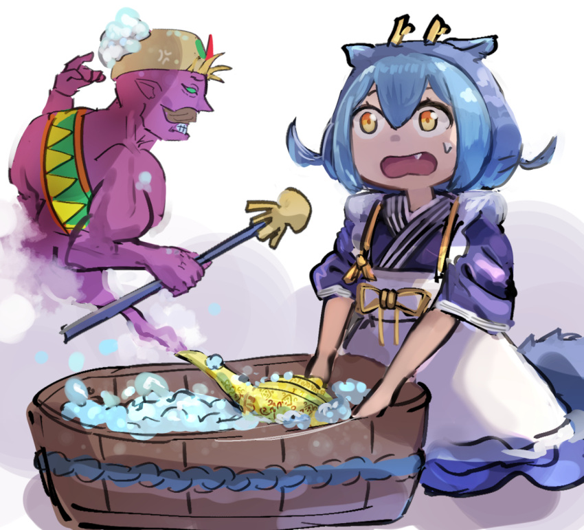 1boy 1girl blue_hair bubble clenched_teeth dragon_girl dragon_horns duel_monster facial_hair fang genie hatano_kiyoshi holding holding_wand horns kneeling lamp laundry_dragonmaid lord_of_the_lamp mustache mystic_lamp open_mouth pointing pointing_at_self pointy_ears pointy_nose purple_skirt sash short_hair skirt sleeves_rolled_up sweatdrop teeth wand washing washtub yellow_eyes yu-gi-oh!