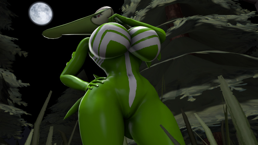 16:9 2021 3d_(artwork) anthro big_breasts breasts digital_media_(artwork) featureless_breasts female genitals grass green_body half-closed_eyes hand_on_hip hi_res legendary_pok&eacute;mon looking_down low-angle_view moon narrowed_eyes nintendo plant pok&eacute;mon pok&eacute;mon_(species) pokesymbiote pussy red_eyes solo symbiote tree video_games virizion widescreen