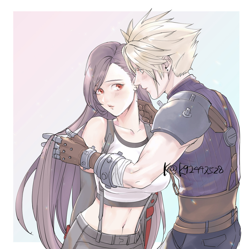 1boy 1girl armor bare_shoulders blonde_hair blue_eyes blush breasts brown_hair cloud_strife collarbone couple crop_top detached_sleeves earrings final_fantasy final_fantasy_vii final_fantasy_vii_remake gloves hand_in_another's_hair jewelry large_breasts long_hair looking_at_another midriff mugikoma navel red_eyes shoulder_armor skirt sleeveless sleeveless_turtleneck spiked_hair suspender_skirt suspenders tank_top tifa_lockhart turtleneck