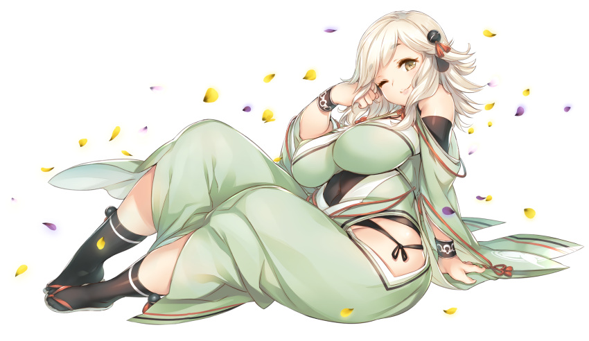 1girl amazuyu_tatsuki blonde_hair bracelet breasts brown_eyes curvy eisen_(utawarerumono) eyebrows_visible_through_hair full_body highres japanese_clothes jewelry large_breasts long_hair long_sleeves looking_at_viewer non-web_source official_art one_eye_closed petals photoshop_(medium) sandals sitting smile solo transparent_background utawarerumono utawarerumono:_lost_flag