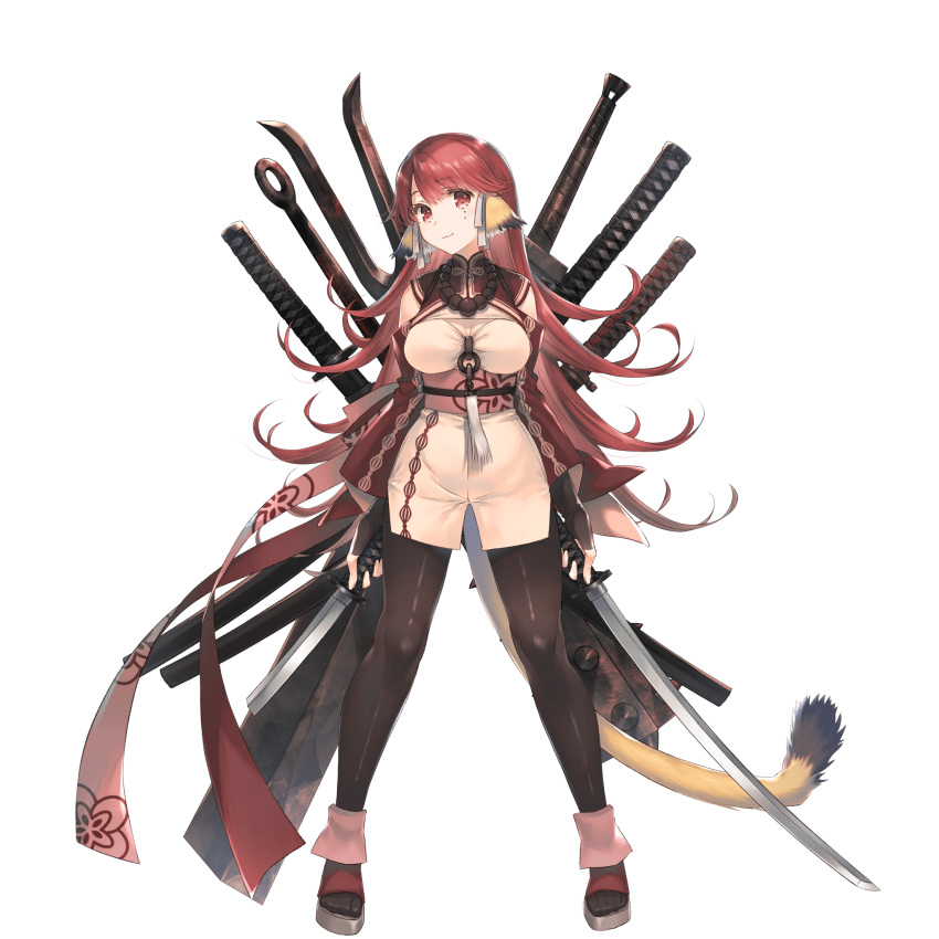 1girl amazuyu_tatsuki animal_ears bangs bead_necklace beads black_legwear broken broken_sword broken_weapon club_(weapon) dual_wielding eyebrows_visible_through_hair facial_mark fingerless_gloves flipped_hair full_body gloves highres holding holding_sword holding_weapon huge_weapon jewelry katana long_hair long_sleeves looking_at_viewer necklace official_art photoshop_(medium) red_eyes red_hair smile solo spiked_club standing sword tail transparent_background ursula_(utawarerumono) utawarerumono utawarerumono:_lost_flag weapon