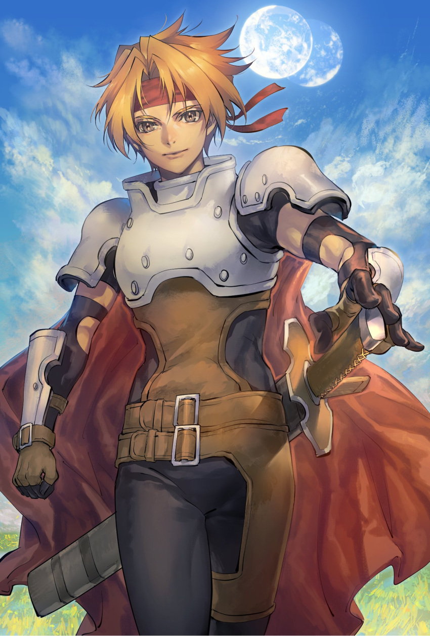 1boy arm_guards armor asymmetrical_bangs asymmetrical_legwear bangs blonde_hair brown_eyes cape cloud cloudy_sky cress_albane drawing_sword full_body gloves grass headband highres holding holding_sword holding_weapon kin_mokusei leather plate_armor red_cape red_headband sheath short_sleeves shoulder_armor sky solo strap sword tales_of_(series) tales_of_phantasia upper_body walking weapon