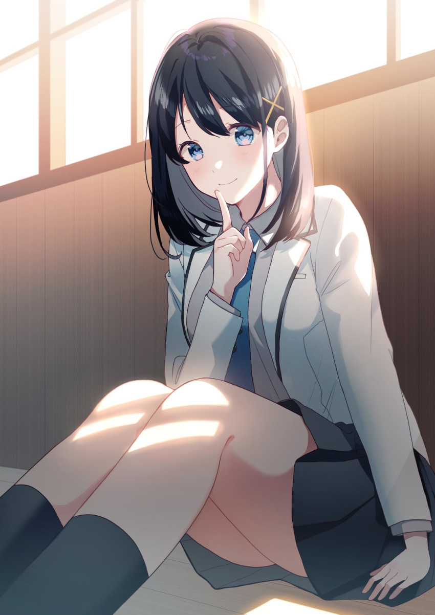 1girl bangs black_hair black_legwear black_skirt blazer blue_eyes blue_necktie blush closed_mouth collared_shirt dress_shirt grey_jacket hair_ornament hairclip hallway hanako151 hand_up highres index_finger_raised indoors jacket knees_together_feet_apart knees_up long_hair long_sleeves looking_at_viewer necktie original pleated_skirt school_uniform shirt sitting skirt smile socks solo sunlight white_shirt window