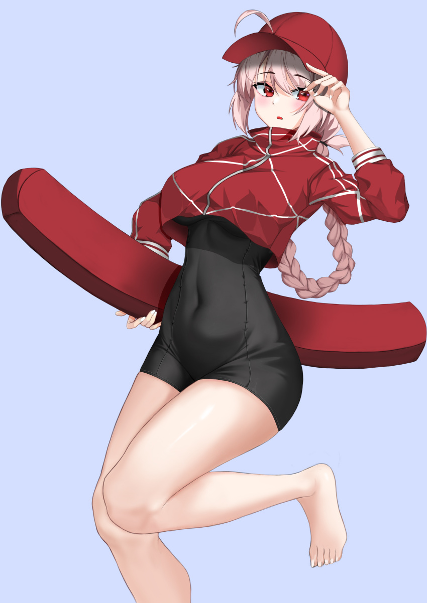 1girl absurdres ahoge bangs barefoot baseball_cap black_swimsuit blonde_hair blue_background braid commentary_request covered_navel cropped_jacket eyebrows_visible_through_hair fate/grand_order fate_(series) florence_nightingale_(fate) hair_between_eyes hand_up hat highres jacket long_hair looking_at_viewer mergerri red_eyes red_headwear red_jacket simple_background single_braid solo standing standing_on_one_leg swimsuit swimsuit_under_clothes