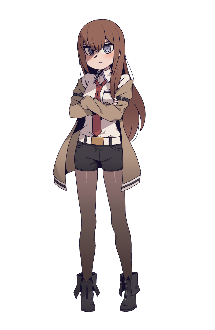 1girl black_footwear black_shorts blue_eyes boots brown_hair collared_shirt crossed_arms full_body highres jacket kare legwear_under_shorts long_hair makise_kurisu necktie off_shoulder pantyhose pout red_necktie shirt short_shorts shorts simple_background solo standing steins;gate white_background white_shirt