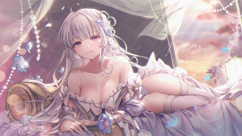 1girl bangs bare_shoulders bed blue_flower blunt_bangs blush breasts cleavage closed_mouth clothes_down collarbone flower frills hair_flower hair_ornament hair_ribbon houchi_shoujo large_breasts long_hair looking_at_viewer ozzingo petals purple_eyes ribbon solo thighhighs white_hair white_legwear