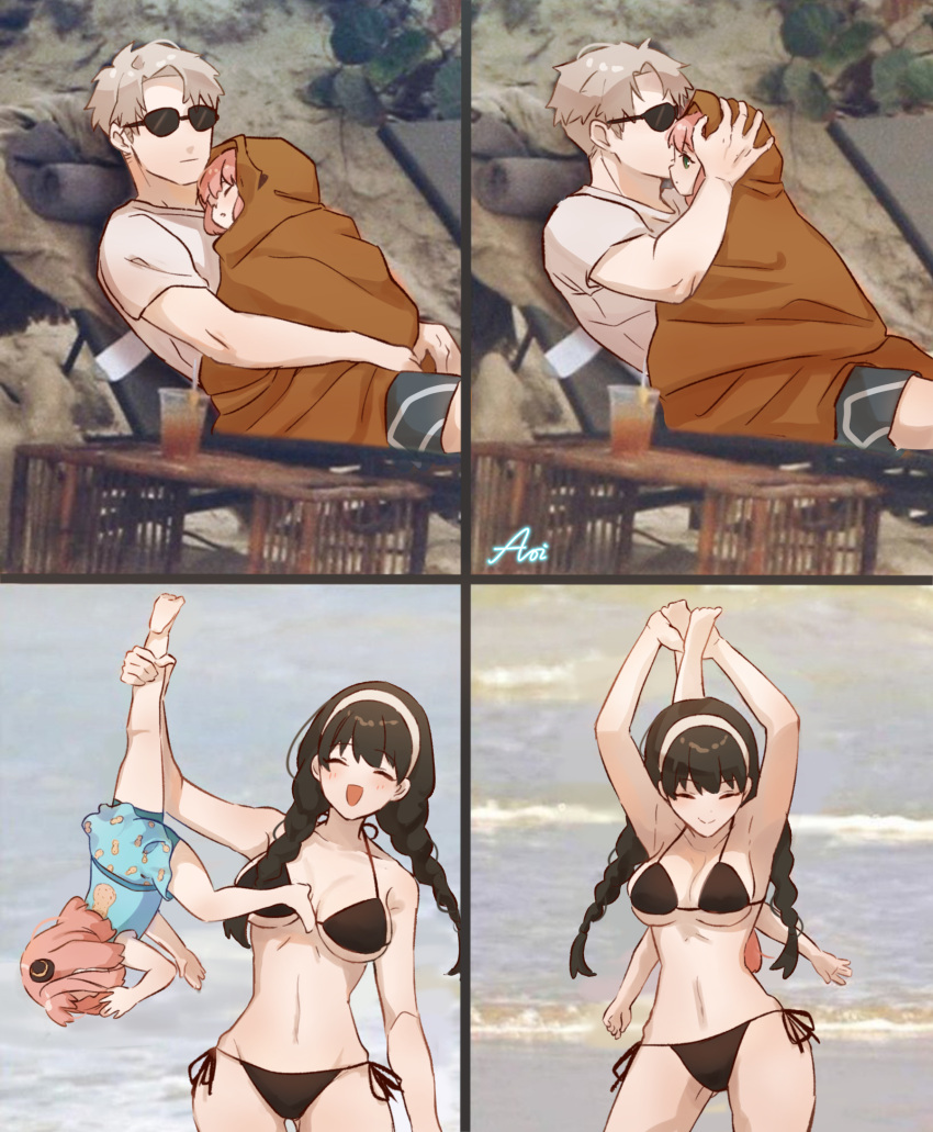 1boy 2girls ^_^ ^o^ anya_(spy_x_family) aoirnn beach beach_chair bikini black_bikini black_hair blanket blonde_hair blue_swimsuit braid breasts child closed_eyes closed_mouth cup disposable_cup drink drinking_straw father_and_daughter green_eyes hairband highres holding_person kiss kissing_forehead large_breasts lifting_person long_hair medium_hair meme mother_and_daughter multiple_girls multiple_views navel outdoors peanut photo-referenced photo_background pink_hair shirt short_hair shorts side-tie_bikini sleeping spy_x_family stomach sunglasses swimsuit t-shirt twilight_(spy_x_family) twin_braids water white_hairband yor_briar
