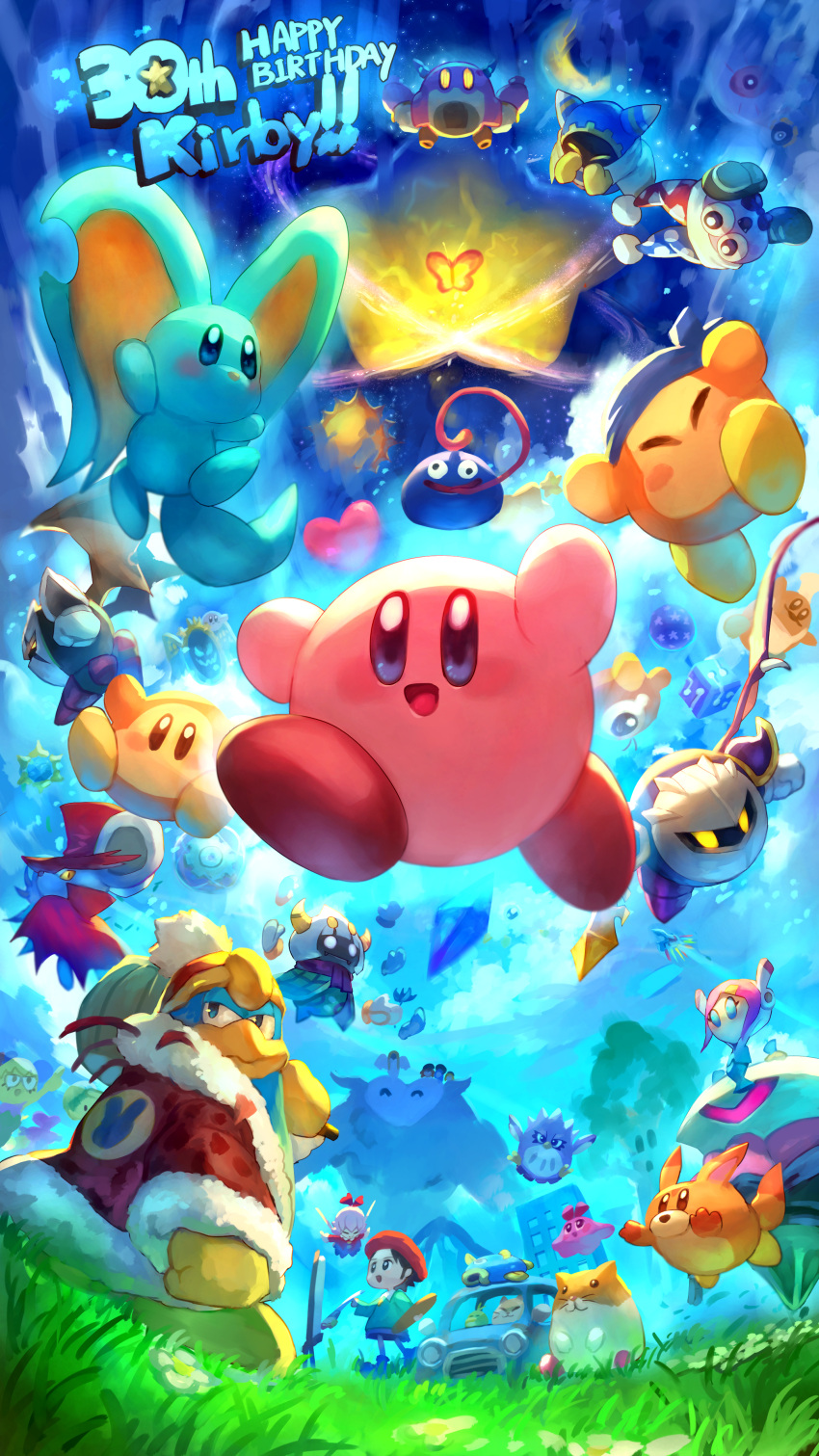 absurdres adeleine anniversary bandana_waddle_dee bug bun_(kirby) butterfly car character_request chef_kawasaki chuchu_(kirby) code_cube_(kirby) coo_(kirby) dark_matter dark_meta_knight daroach dimension_mirror dragoon_(kirby) easel elfilin energy_sphere_(kirby) english_text escargon everyone flamberge_(kirby) francisca_(kirby) fumu_(kirby) gooey_(kirby) grass ground_vehicle hat heart highres hyness jumping kine_(kirby) king_dedede kirby kirby's_adventure kirby's_dream_land kirby's_dream_land_2 kirby's_dream_land_3 kirby's_return_to_dream_land kirby:_planet_robobot kirby:_right_back_at_ya kirby:_star_allies kirby:_triple_deluxe kirby_(series) kirby_64 kirby_air_ride kirby_and_the_amazing_mirror kirby_and_the_forgotten_land kirby_squeak_squad kirby_super_star kracko magolor marx_(kirby) meta_knight motor_vehicle nago_(kirby) nightmare_(kirby) painting pitch_(kirby) ribbon_(kirby) rick_(kirby) robobot_armor shiburingaru sun_stone_(kirby) susie_(kirby) taranza tearing_up void_termina waddle_doo whispy_woods wings zan_partizanne zero_(kirby)