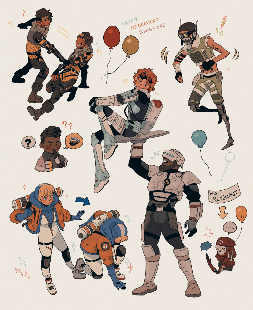 3girls 5boys ? ?? absurdres apex_legends armor balloon bandana bangalore_(apex_legends) belt black_belt blue_eyes blue_headwear bodysuit checkered_clothes checkered_scarf cropped_vest dancing dark-skinned_female dark-skinned_male dark_skin goggles goggles_on_head green_scarf green_vest grey_shorts head_tilt helmet highres horizon_(apex_legends) humanoid_robot kneeling lifting_person looking_up mechanical_legs mirage_(apex_legends) multiple_boys multiple_girls newcastle_(apex_legends) octane_(apex_legends) orange_hair osamatographe red_bandana revenant_(apex_legends) scarf shorts simulacrum_(titanfall) sitting smile spacesuit speech_bubble spoken_question_mark vest visor wattson_(apex_legends) yellow_bodysuit yellow_eyes