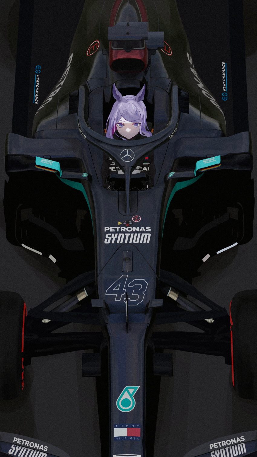 1girl absurdres animal_ears arasaka_inu bangs black_gloves black_racing_suit car chinese_commentary closed_mouth commentary crowdstrike english_commentary eyebrows_visible_through_hair formula_one from_above gloves ground_vehicle hewlett_packard highres horse_ears horse_girl long_hair looking_ahead mejiro_mcqueen_(umamusume) mercedes-benz mixed-language_commentary motor_vehicle numbered petronas purple_eyes purple_hair race_vehicle racecar racing racing_suit sidelocks solo swept_bangs tommy_hilfiger umamusume v-shaped_eyebrows