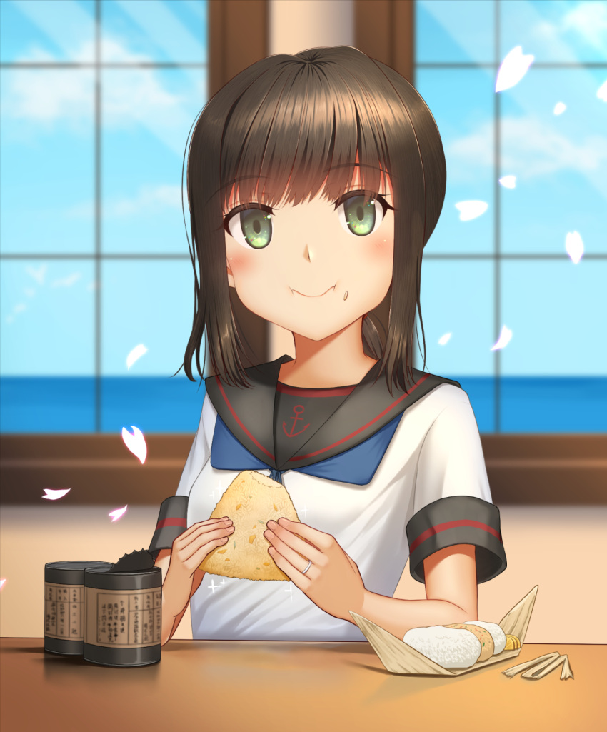 black_hair black_sailor_collar blizzard breasts can cherry_blossoms cloud cloudy_sky eating eyebrows_visible_through_hair food fubuki_(kancolle) fubuki_kai_ni_(kancolle) green_eyes happi highres japanese_clothes jewelry kantai_collection kuroyume_suna looking_at_viewer low_ponytail ocean onigiri petals ponytail ring sailor_collar school_uniform serafuku shirt short_ponytail short_sleeves sky small_breasts upper_body wedding_band white_shirt window