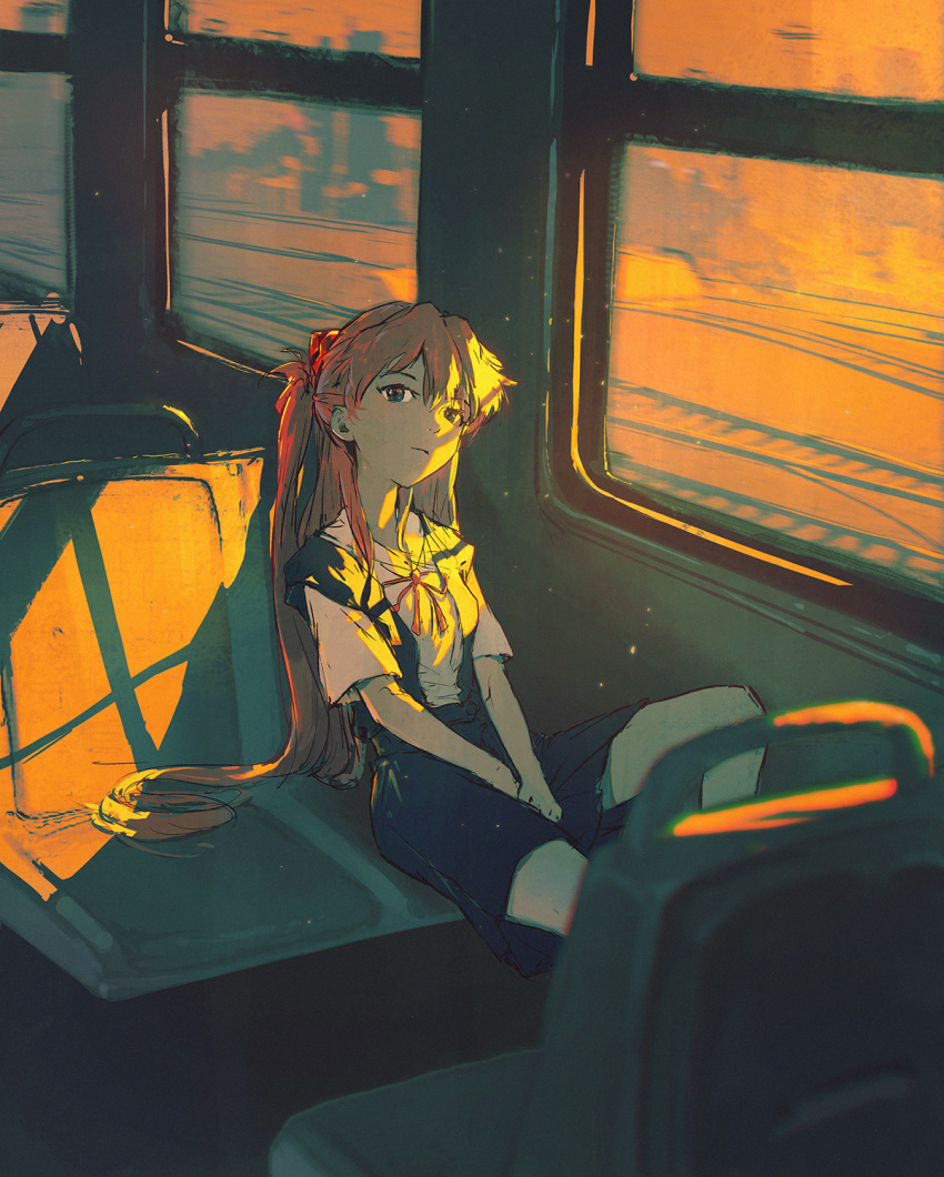 1girl closed_mouth dino_(dinoartforame) highres long_hair neon_genesis_evangelion red_ribbon ribbon school_uniform seat shirt sitting solo souryuu_asuka_langley tokyo-3_middle_school_uniform_(evangelion) train_interior white_shirt window