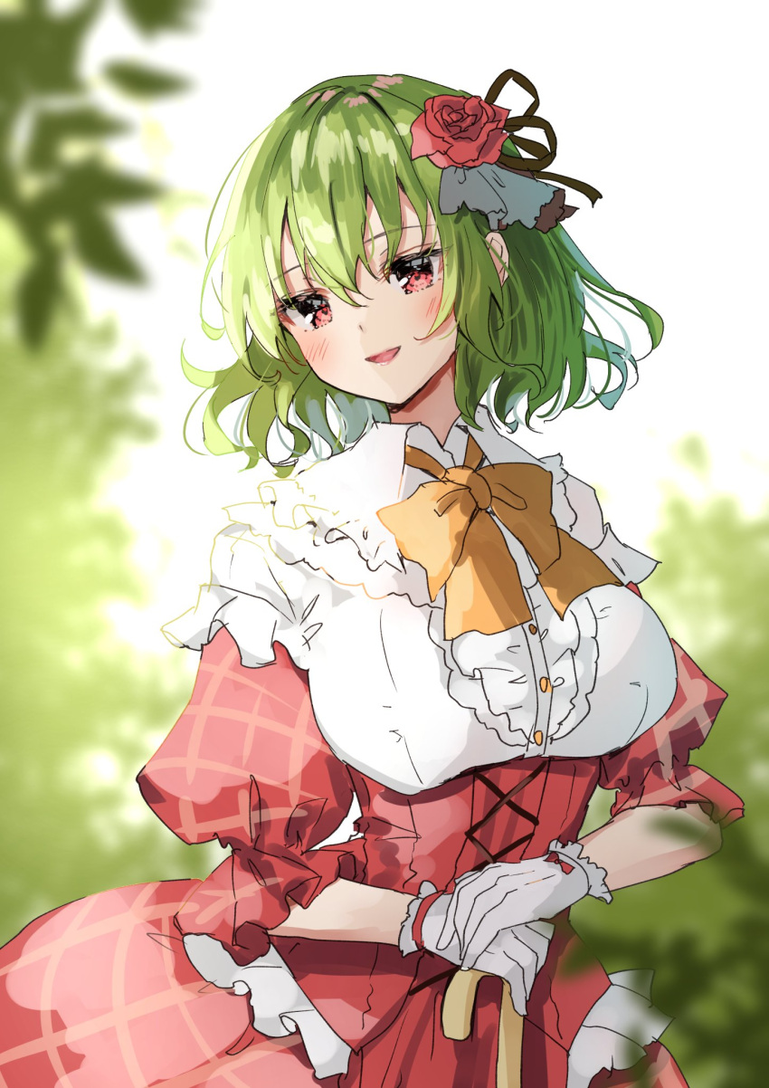 1girl bangs blurry blurry_background blush bow bowtie breasts brown_ribbon buttons collared_dress commentary_request dress eyebrows_visible_through_hair eyelashes eyes_visible_through_hair flower frills gloves green_hair grey_gloves grey_ribbon hair_between_eyes hair_flower hair_ornament hair_ribbon hands_up highres kazami_yuuka leaf looking_at_viewer medium_breasts one-hour_drawing_challenge open_mouth puffy_short_sleeves puffy_sleeves red_dress red_eyes red_flower red_rose ribbon rose shironeko_yuuki short_sleeves sky smile solo standing tongue touhou umbrella white_dress white_sky yellow_bow yellow_bowtie