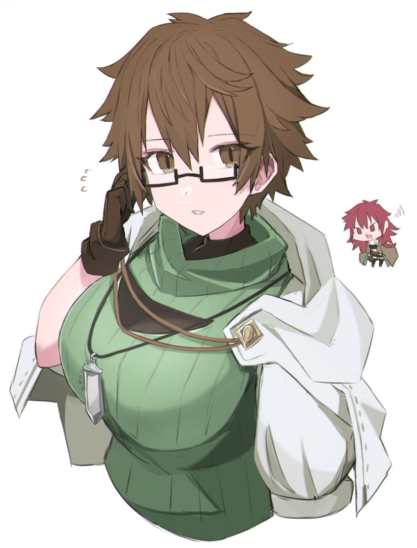 2girls adjusting_eyewear aussa_the_earth_channeler aussa_the_earth_charmer bangs breasts brown_eyes brown_hair chibi chibi_inset cloak duel_monster glasses green_sweater highres hiita_the_fire_charmer hood hood_down jewelry large_breasts long_hair looking_at_viewer multiple_girls necklace open_mouth parted_lips red_eyes red_hair ribbed_sweater sakuragi_raia short_hair short_sleeves sweater turtleneck turtleneck_sweater upper_body white_cloak yu-gi-oh!