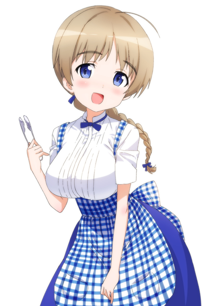1girl ahoge blue_eyes blush braid braided_ponytail breasts dirndl eyebrows_visible_through_hair german_clothes hair_ribbon highres large_breasts long_hair looking_at_viewer lynette_bishop mejina open_mouth ribbon shiny shiny_hair shiny_skin simple_background smile solo strike_witches tongs white_background world_witches_series