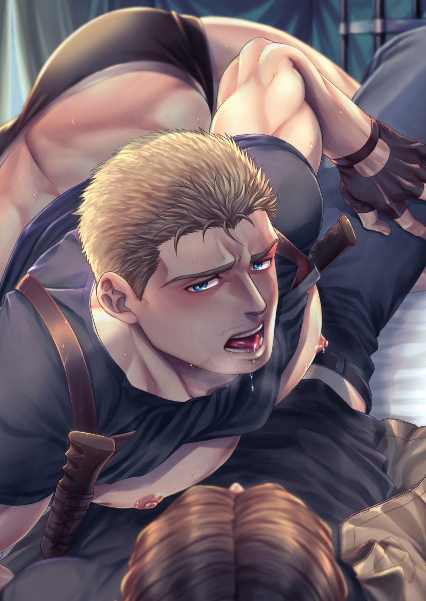 2boys bara black_gloves black_male_underwear black_pants black_shirt blonde_hair blue_eyes boxer_briefs brown_hair clothes_lift fingerless_gloves gloves highres large_pectorals looking_at_another male_focus male_underwear multiple_boys muscular muscular_male nipples on_person open_mouth original pants pectorals saliva shirt shirt_lift short_hair tongue tongue_out underwear yaoi yomotsuki_road