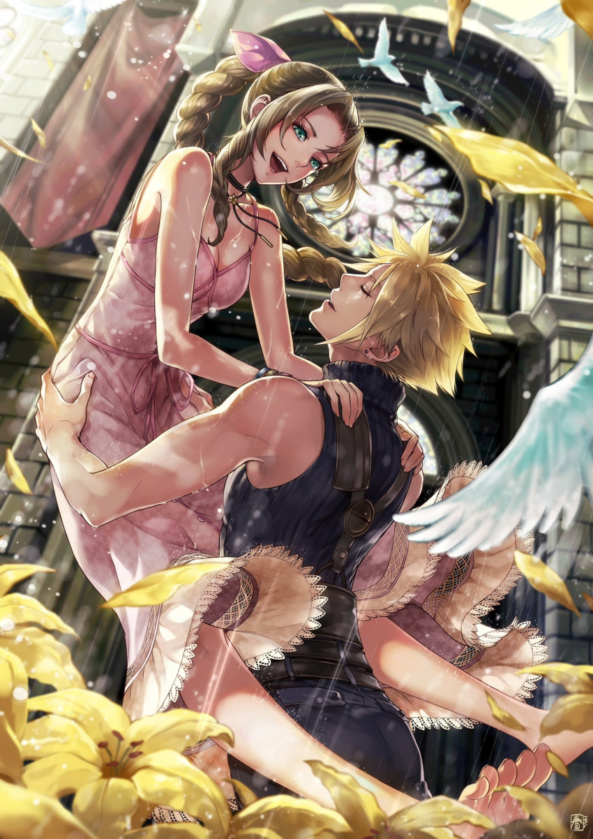 1boy 1girl aerith_gainsborough armor_removed bangs bare_arms bare_shoulders barefoot belt bird blonde_hair blue_pants blue_shirt bracelet braid braided_ponytail breasts brick_wall brown_hair choker church cleavage closed_eyes cloud_strife couple dress earrings falling_petals final_fantasy final_fantasy_vii final_fantasy_vii_remake flower green_eyes hair_ribbon halu-ca hands_on_another's_shoulders highres holding_person jacket jacket_removed jewelry medium_breasts multiple_belts open_mouth pants parted_bangs parted_lips petals pink_dress rain ribbon shirt sidelocks single_earring sleeveless sleeveless_turtleneck smile spiked_hair stained_glass suspenders teeth turtleneck upper_body upper_teeth wings yellow_flower