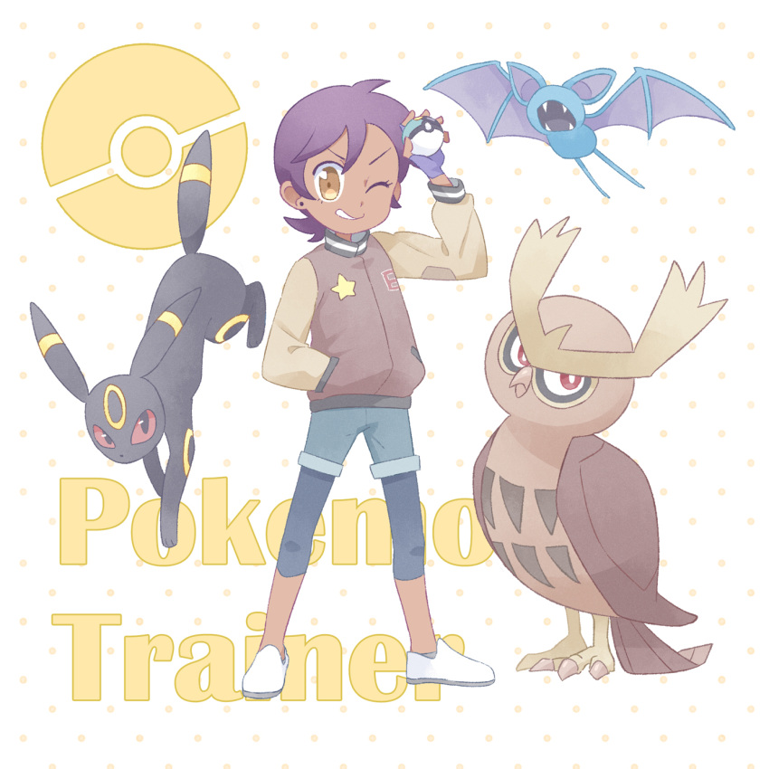 1girl akasaka_(qv92612) beak brown_eyes brown_hair dark-skinned_female dark_skin denim denim_shorts fangs hand_in_pocket highres holding holding_poke_ball jacket legwear_under_shorts letterman_jacket looking_at_viewer luz_noceda noctowl poke_ball pokemon red_eyes short_hair short_shorts shorts smile talons the_owl_house umbreon very_short_hair white_footwear wings zubat