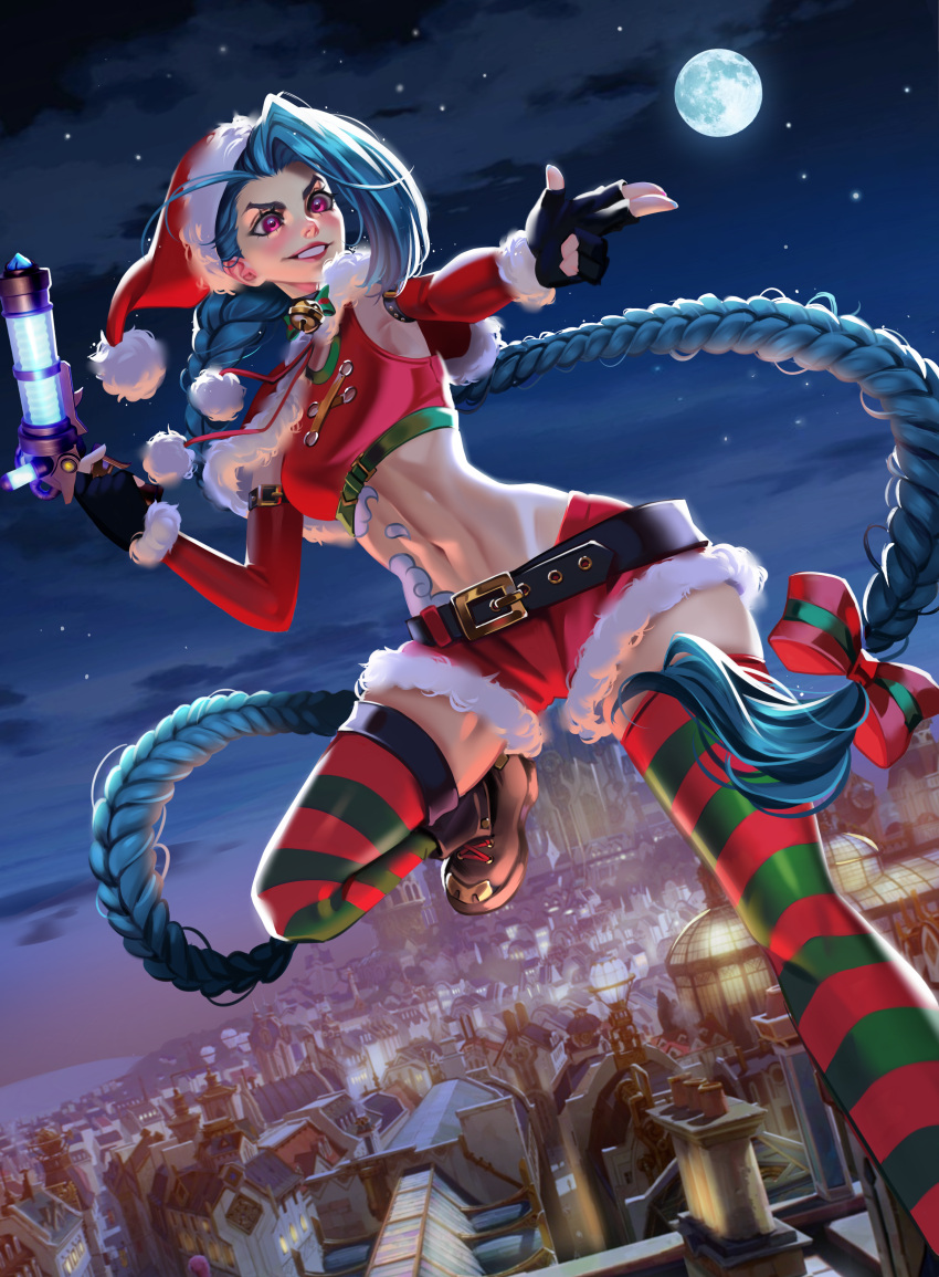 1girl absurdres alternate_costume bell belt blue_hair braid breasts christmas_outfit clothed_female cloud_tattoo female_only finger_gun hat headwear_request highres jinx_(league_of_legends) kokonattsu league_of_legends long_hair pink_eyes santa_costume santa_hat small_breasts solo tattoo thighhighs thighs twin_braids very_high_resolution very_long_hair