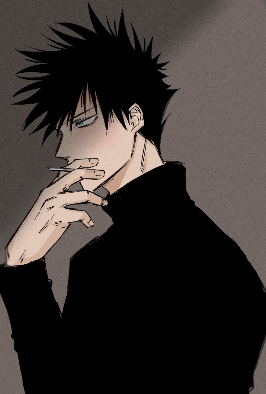 1boy black_hair black_sweater cigarette fingernails fushiguro_megumi fushirun_rung green_eyes hand_up highres holding holding_cigarette jujutsu_kaisen long_sleeves looking_away male_focus mouth_hold short_hair smoking solo spiked_hair sweater turtleneck turtleneck_sweater upper_body