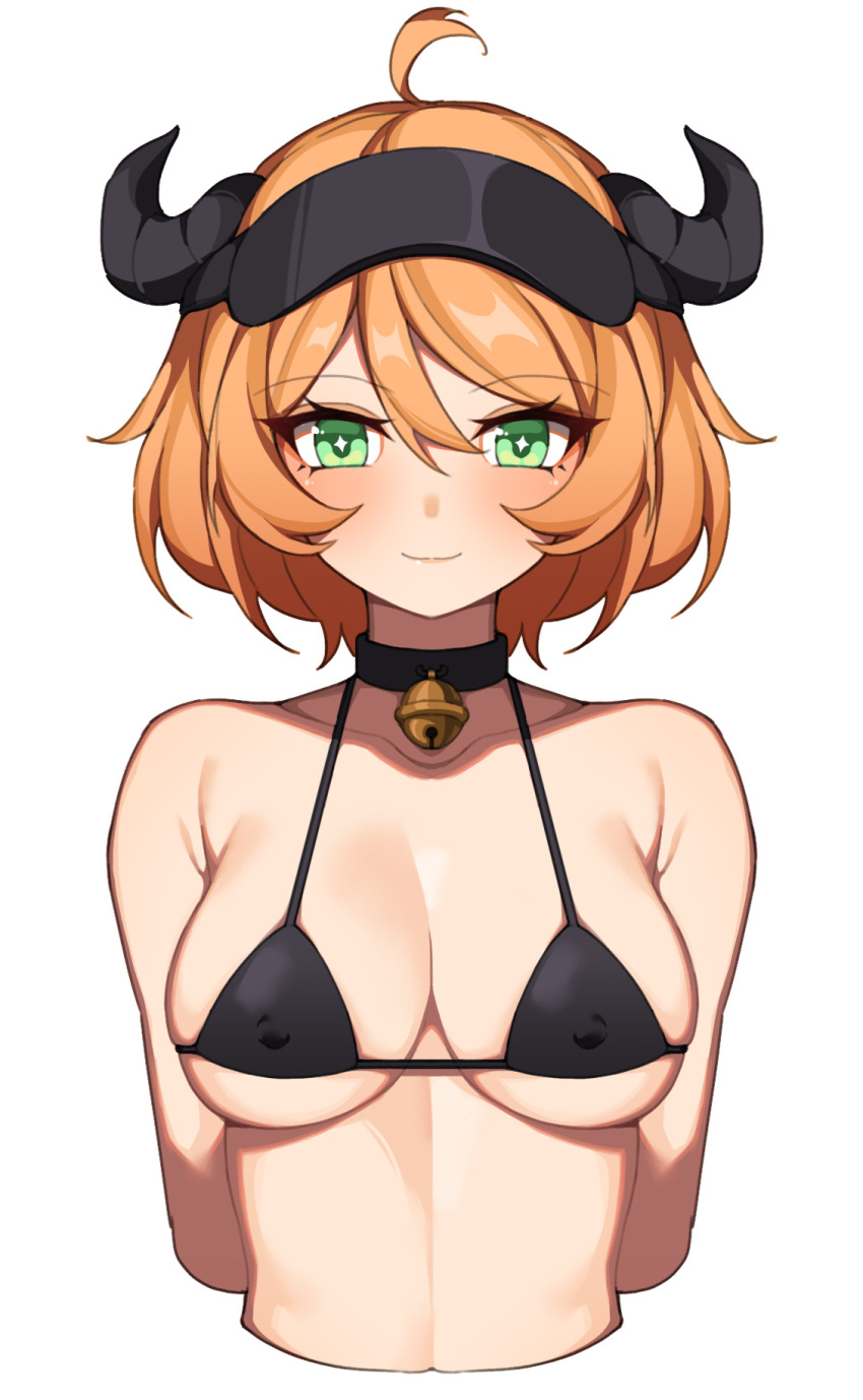 1girl ahoge arknights bangs bare_shoulders bell bikini black_bikini black_choker blush breasts choker collarbone commentary_request covered_nipples croissant_(arknights) cropped_torso eyebrows_visible_through_hair green_eyes hair_between_eyes hanenosaki highres horns large_breasts looking_at_viewer neck_bell orange_hair short_hair simple_background smile solo stomach swimsuit upper_body visor_cap white_background