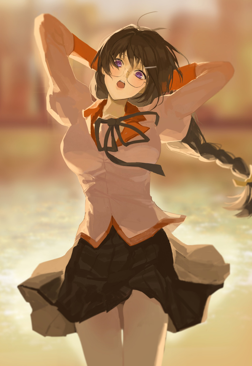 1girl :o absurdres arms_behind_head arms_up bakemonogatari black_hair blurry blurry_background braid breasts cowboy_shot depth_of_field floating_clothes hanekawa_tsubasa head_tilt highres juliet_sleeves large_breasts long_sleeves looking_at_viewer mi8uuuuk monogatari_(series) naoetsu_high_school_uniform neck_ribbon puffy_sleeves ribbon round_eyewear round_teeth school_uniform solo teeth twin_braids