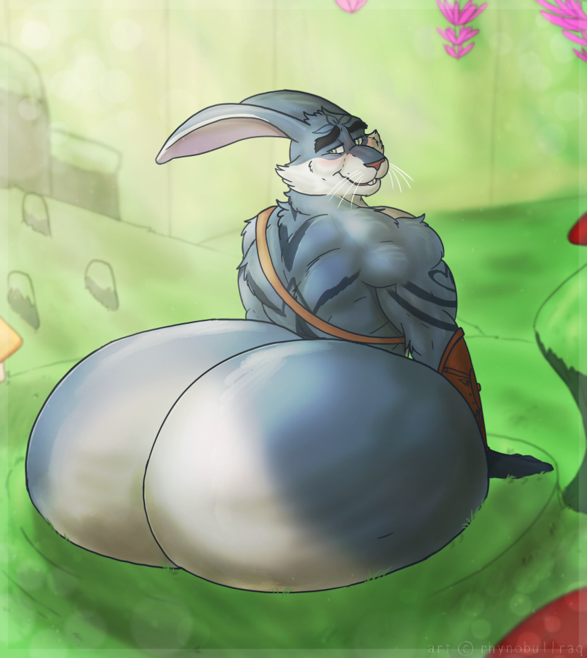 absurd_res anthro big_butt blue_body blue_fur bubble_butt bunnymund butt dreamworks fur grass hi_res huge_butt hyper hyper_butt lagomorph leporid looking_back male mammal plant rabbit rhynobullraq rise_of_the_guardians solo whiskers