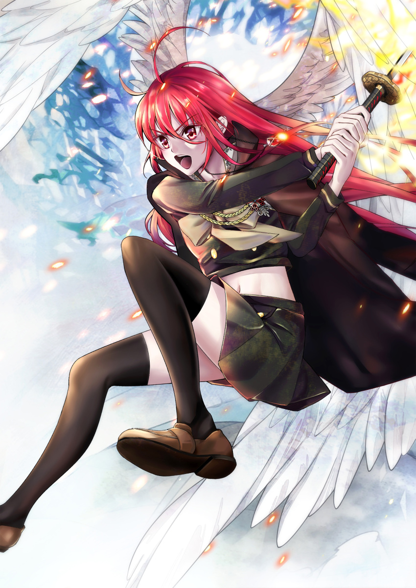 1girl :d absurdres ahoge alastor_(shakugan_no_shana) bangs black_legwear brown_footwear crop_top feathered_wings floating_hair gosen_(hsiayun422) green_shirt green_skirt hair_between_eyes highres holding holding_sword holding_weapon loafers long_hair midriff miniskirt navel open_mouth pleated_skirt red_eyes red_hair shakugan_no_shana shana shiny shiny_hair shirt shoes skirt smile solo stomach sword thighhighs v-shaped_eyebrows very_long_hair weapon white_wings wings zettai_ryouiki