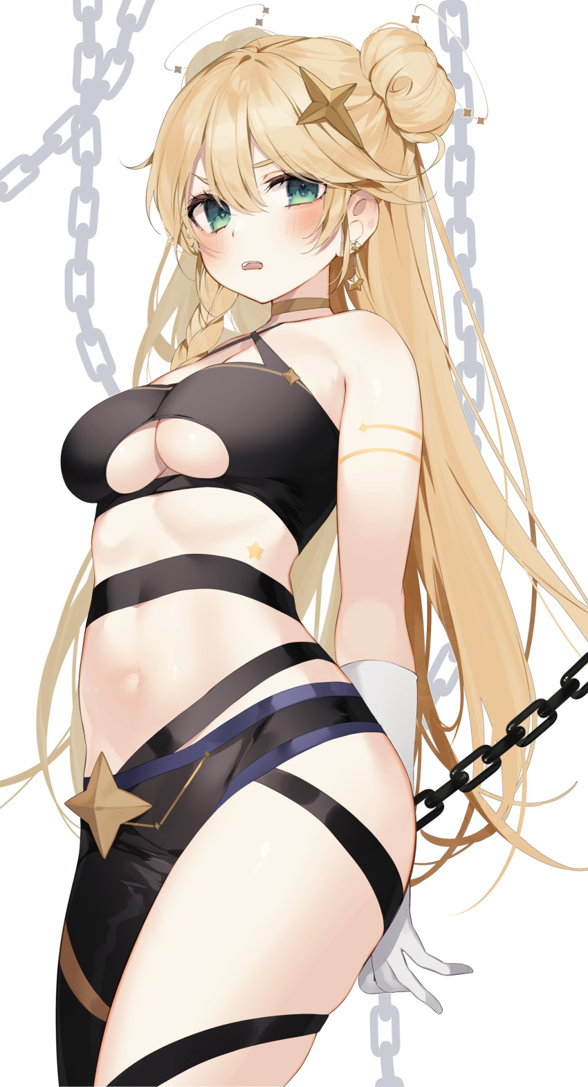 1girl absurdres armlet asymmetrical_legwear bare_shoulders blonde_hair blush breasts chain choker cleavage commission double_bun double_halo earrings english_commentary eyebrows_visible_through_hair gloves green_eyes hair_ornament halterneck highres jewelry kaneko_lumi large_breasts long_hair midriff navel phase_connect solo star_(symbol) star_earrings star_hair_ornament tamafurin underboob unhappy virtual_youtuber white_background white_gloves