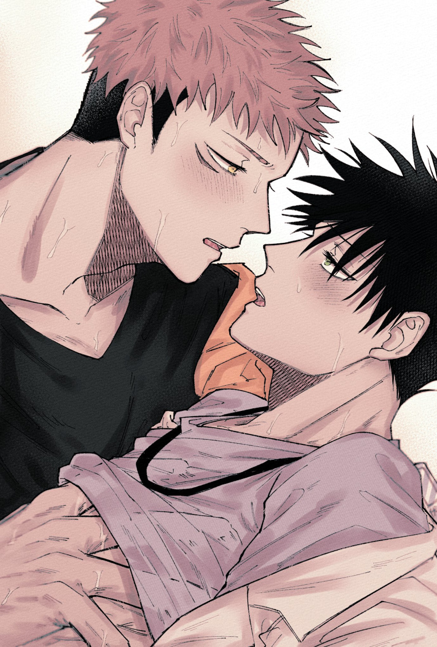 2boys black_hair black_shirt blush brown_eyes collarbone collared_shirt commentary_request facial_mark fushiguro_megumi fushirun_rung green_eyes groping half-closed_eyes hand_under_clothes hand_under_shirt highres itadori_yuuji jacket jujutsu_kaisen labcoat long_sleeves looking_at_another male_focus multicolored_hair multiple_boys orange_jacket purple_shirt shirt short_hair spiked_hair stethoscope sweat two-tone_hair undercut upper_body yaoi