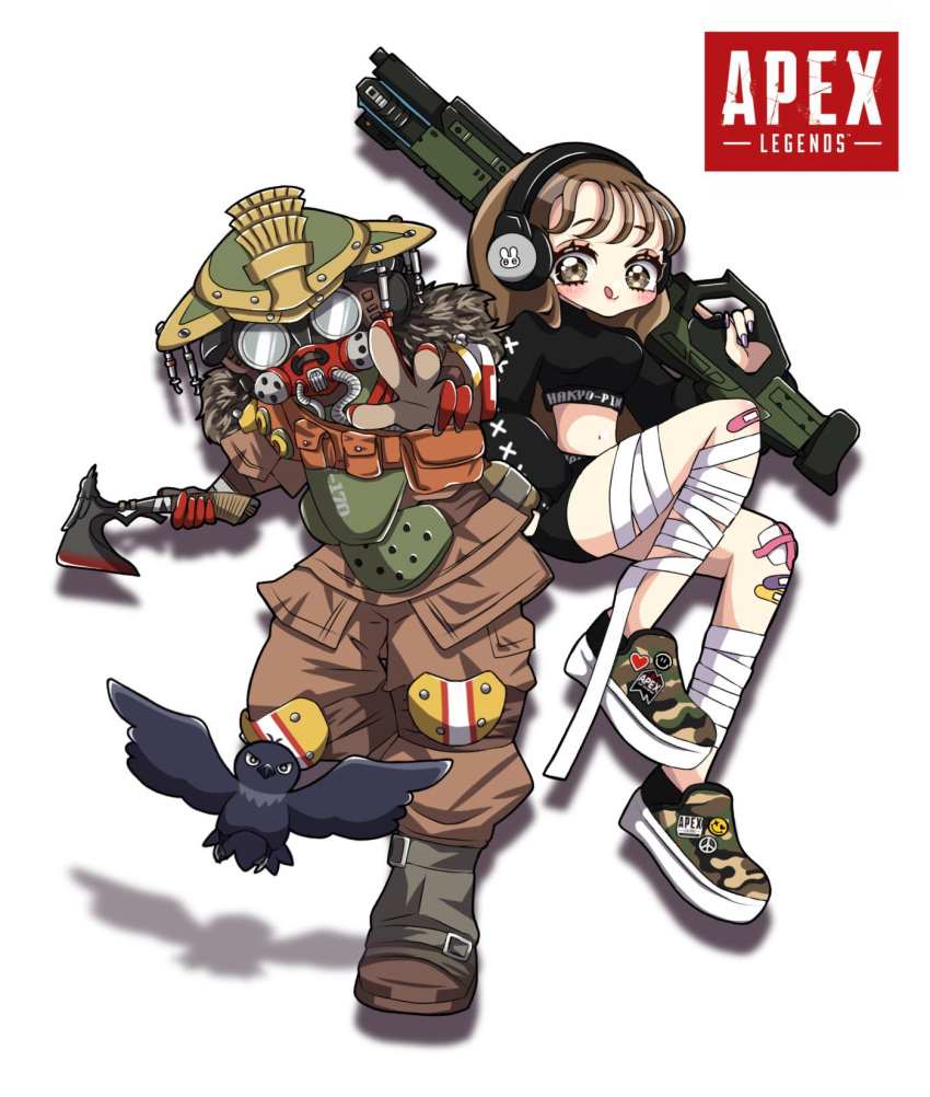 1girl 1other apex_legends axe bangs bird black_shirt black_shorts bloodhound_(apex_legends) brown_eyes brown_hair camouflage_footwear copyright_name crop_top crow energy_gun goggles gun headphones helmet highres holding holding_axe holding_gun holding_weapon licking_lips logo m1904_mastiff midriff navel original over_shoulder purple_eyes pushi. raven's_bite rebreather shirt shoes shorts shotgun smile sneakers tongue tongue_out weapon weapon_over_shoulder white_background