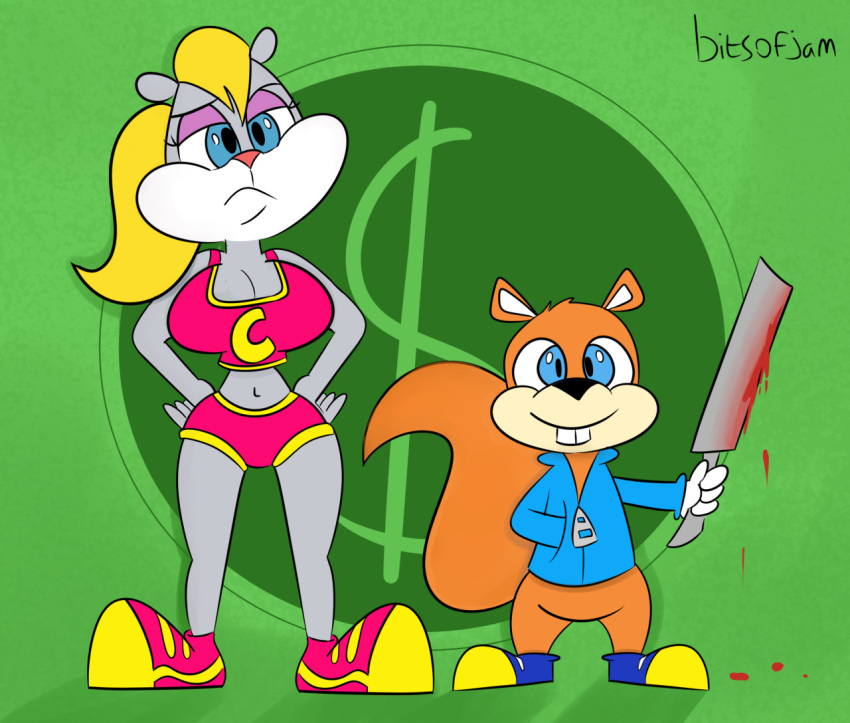 anthro berri bitsofjam blood bodily_fluids chipmunk clothed clothing conker conker's_bad_fur_day duo female ground_squirrel knife male mammal rareware rodent sciurid video_games