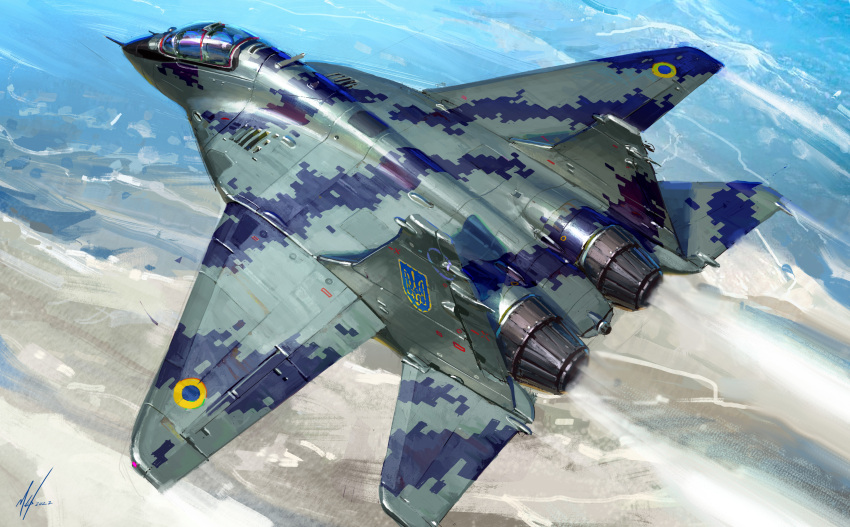 absurdres aircraft airplane camouflage drawing dutch_angle english_commentary fighter fighter_jet flying ghost_of_kyiv highres jet michal_kus mig-29 military military_vehicle photo-referenced radio_antenna real_life realistic render roundel russo-ukrainian_war signature thrusters ukrainian_flag