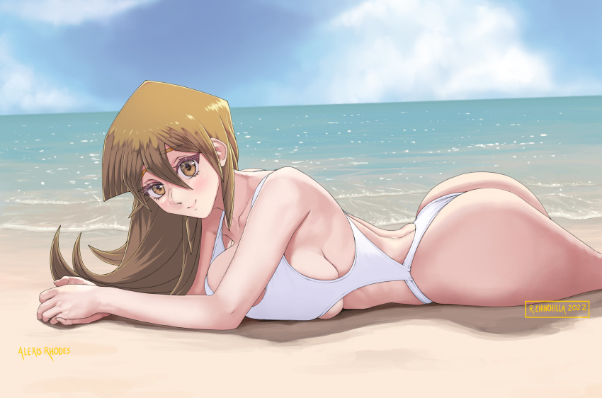 1girl ass bangs beach blonde_hair blue_sky blush breasts brown_eyes character_name cloud cloudy_sky cowboy_shot hair_between_eyes highres horizon large_breasts long_hair looking_at_viewer lying on_stomach one-piece_swimsuit outdoors own_hands_together robertc4112 sand shadow sideboob sky smile solo swimsuit tenjouin_asuka water white_swimsuit yu-gi-oh! yu-gi-oh!_gx