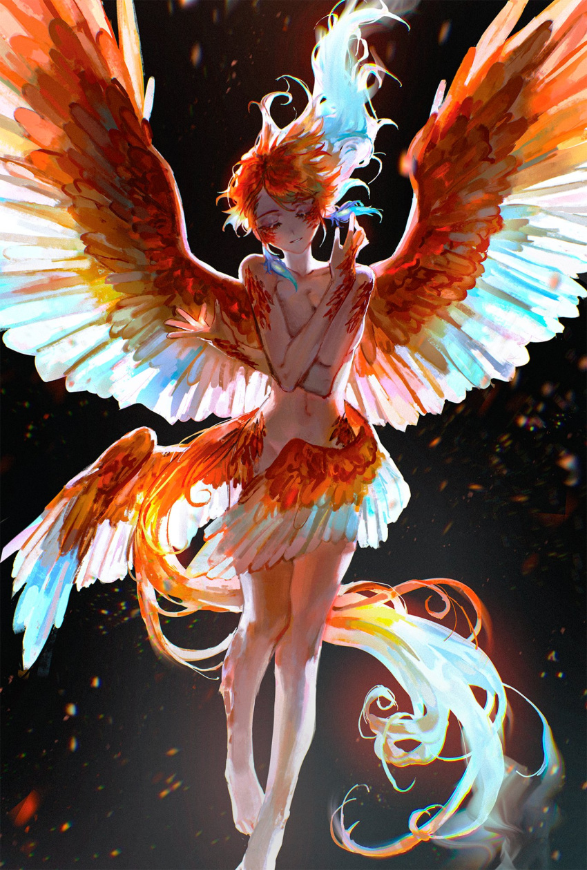 1girl bangs barefoot black_background blue_hair breasts cleavage closed_eyes feathered_wings floating_hair foot_out_of_frame highres hololive hololive_english long_hair low_wings multiple_wings nude parted_lips quasarcake red_hair solo tail takanashi_kiara virtual_youtuber wing_censor wings