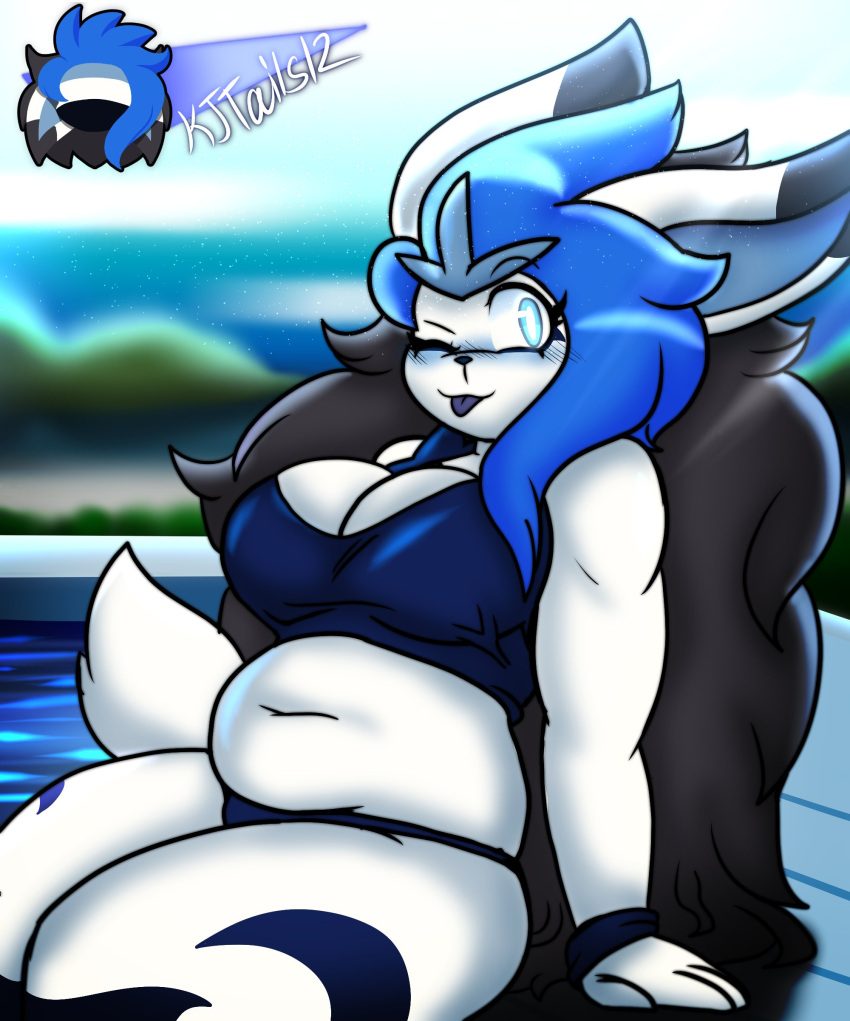 2022 absurd_res bikini black_hair blue_bikini blue_clothing blue_eyes blue_hair blue_swimwear blush bluze_(csbluze) breasts cinderace clothing csbluze detailed_background female hair hi_res long_hair looking_at_viewer nintendo one_eye_closed pok&eacute;mon pok&eacute;mon_(species) pool_(disambiguation) pool_side slightly_chubby solo stars_in_hair swimwear tongue tongue_out video_games watermark white_body wink winking_at_viewer