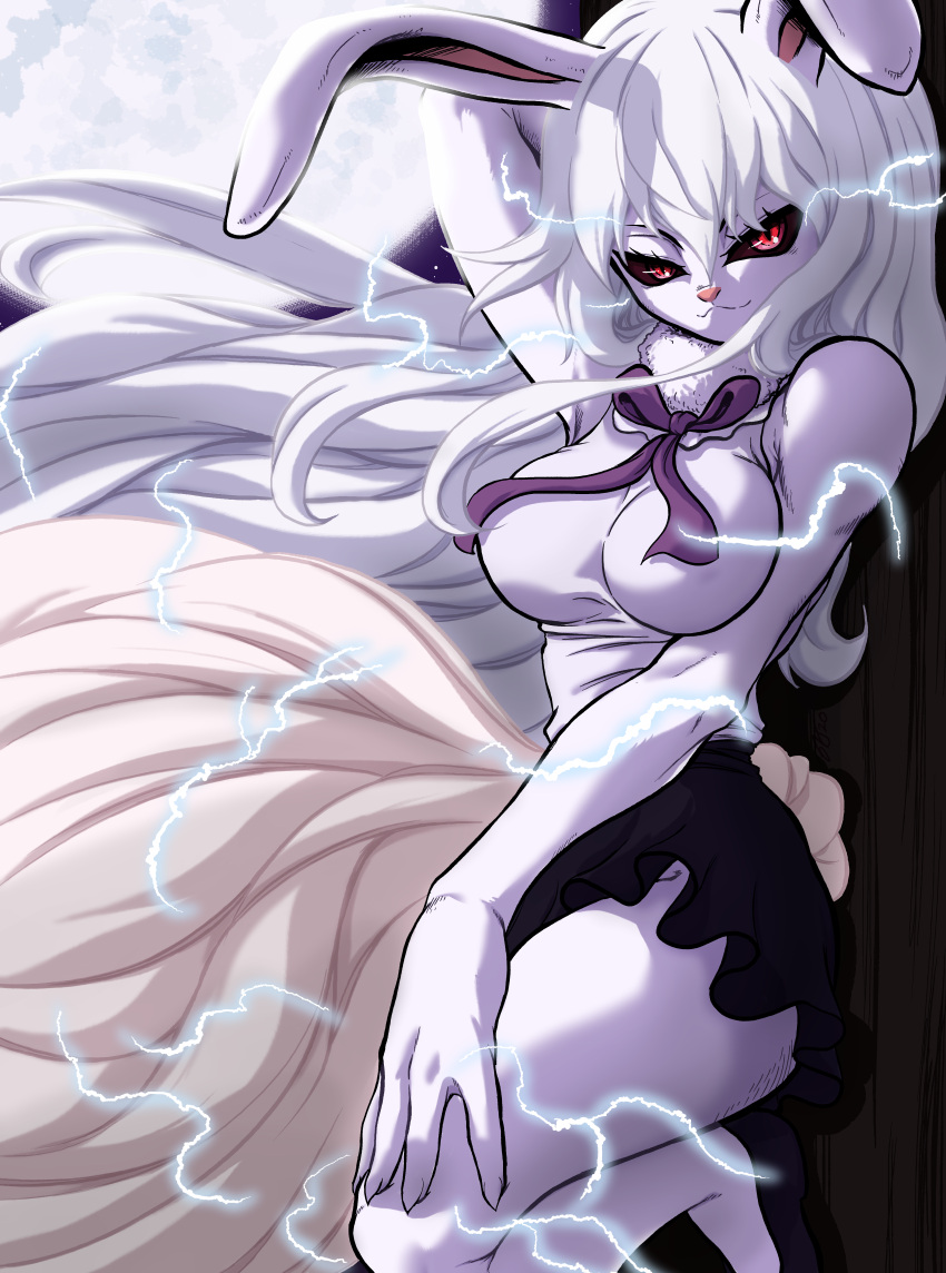 2021 absurd_res anthro breasts carrot_(one_piece) clothing electricity female fingers fur hair hi_res lagomorph long_ears looking_at_viewer lordguyis mammal moon one_piece red_eyes solo white_body white_fur white_hair