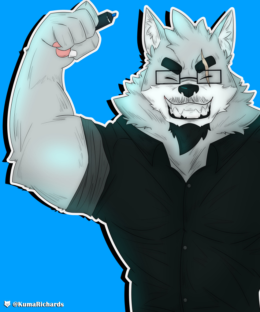 absurd_res anthro canid canine canis clothing flexing hi_res icon kuma_richards male mammal muscular shirt smile solo topwear wolf
