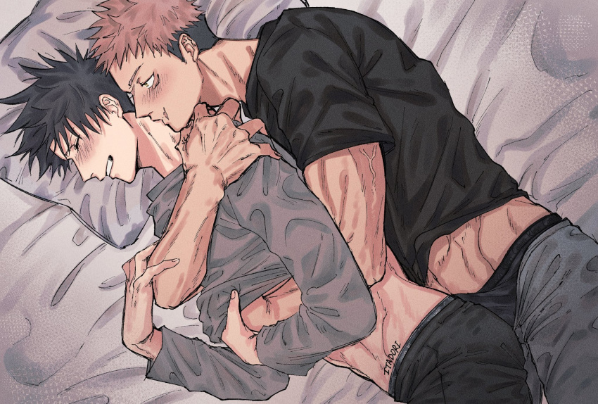 2boys black_hair black_male_underwear black_pants black_shirt blush brown_eyes bulge calvin_klein closed_eyes commentary_request erection erection_under_clothes facial_mark fushiguro_megumi fushirun_rung grey_shirt hand_under_clothes hand_under_shirt highres hug hug_from_behind itadori_yuuji jujutsu_kaisen kiss kissing_neck long_sleeves looking_at_another lying lying_on_person male_focus male_underwear male_underwear_peek multiple_boys muscular muscular_male open_pants pants pink_hair scar scar_on_face shirt short_hair short_sleeves smile spiked_hair spooning tattoo thighs undercut underwear unzipped veins yaoi