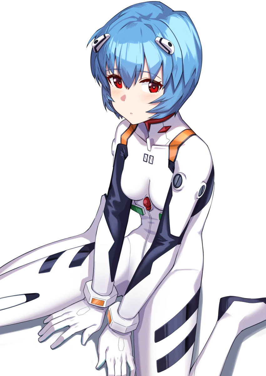 1girl absurdres arms_between_legs ayanami_rei bangs blue_hair blush bodysuit breasts breasts_apart eyebrows_visible_through_hair hair_between_eyes headgear highres neon_genesis_evangelion parted_lips plugsuit red_eyes short_hair simple_background sitting small_breasts solo toketa_(toketa15) wariza white_background white_bodysuit