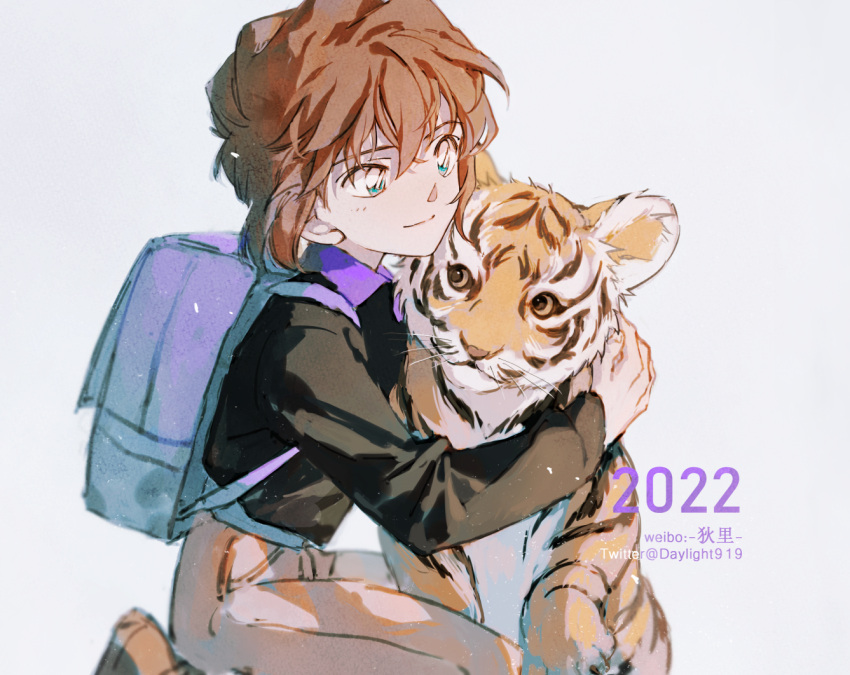 1girl 2022 backpack bag bangs black_shirt blue_eyes brown_hair closed_mouth daylight919 grey_background grey_pants haibara_ai hair_between_eyes long_sleeves meitantei_conan pants shirt short_hair simple_background sitting smile solo tiger