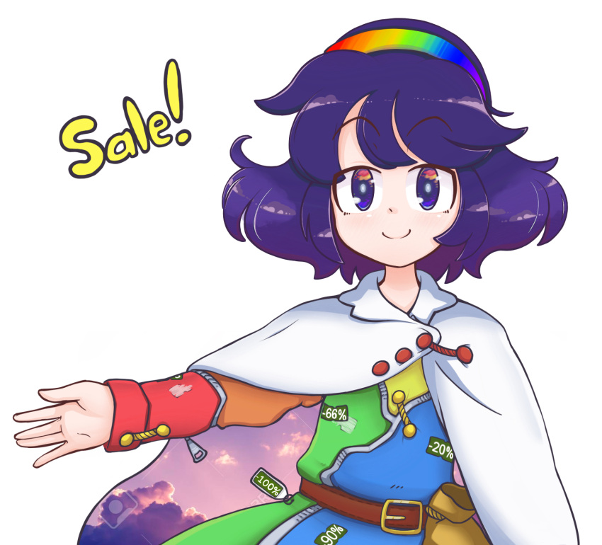 1girl belt brown_belt cape cloak closed_mouth cloud_print dress english_text eyebrows_visible_through_hair happy highres keb00b long_sleeves multicolored_clothes multicolored_dress multicolored_hairband patchwork_clothes purple_eyes purple_hair rainbow_gradient red_button short_hair simple_background sky_print smile tenkyuu_chimata touhou two-sided_cape two-sided_fabric watermark white_background white_cloak yellow_bag zipper zipper_pull_tab