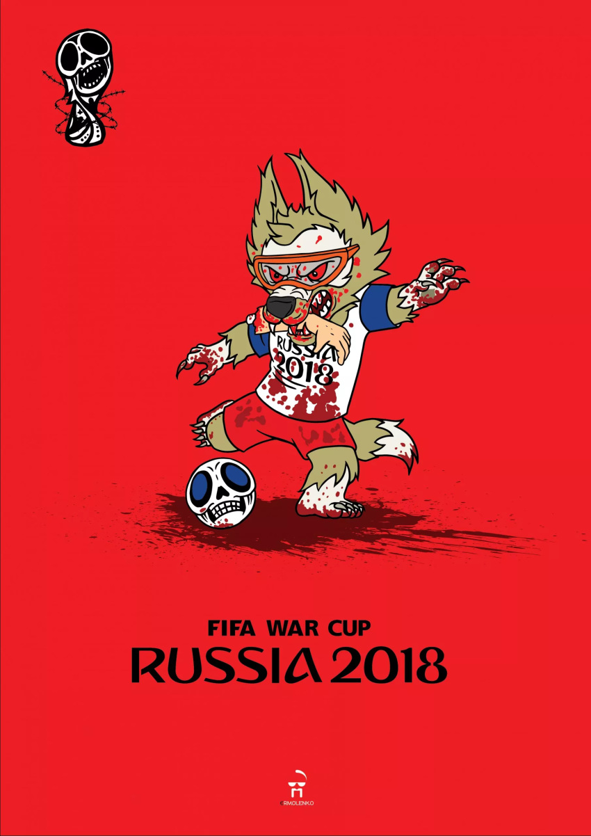 2022 4_fingers 4_toes absurd_res andriy_yermolenko anthro barbed_wire biting_hand black_nose blood blood_in_mouth blood_on_clothing blood_on_face blood_on_feet blood_on_hand blood_on_shirt blood_pool blood_splatter blood_stain bodily_fluids bone bottomwear brown_body brown_fur canid canine canis claws clothing english_text eyewear feet fifa fingers football_uniform fur goggles hand_in_mouth hi_res kick male mammal mascot multicolored_body multicolored_fur olympic_mascot olympics political_cartoon politics red_background red_bottomwear red_clothing red_eyes red_sclera red_shorts russia russian russo-ukranian_war severed_hand sharp_teeth shirt shorts simple_background skull solo teeth text toes topwear war white_body white_clothing white_fur white_shirt white_topwear wolf zabivaka