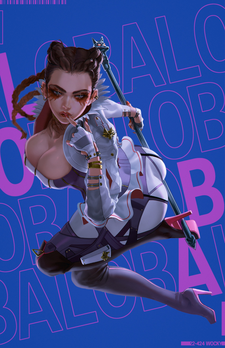1girl apex_legends ass black_footwear blue_eyes boots braid breasts character_name cropped_jacket dark-skinned_female dark_skin eyeshadow fingerless_gloves from_above gloves high_heel_boots high_heels highres holding holding_staff jacket large_breasts loba_(apex_legends) looking_at_viewer looking_up makeup pants parted_lips red_eyeshadow red_nails solo staff thigh_boots thighhighs twin_braids vocky white_gloves white_jacket white_pants